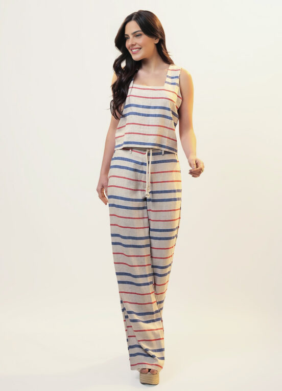 Conjunto de Linho Areia Listrado Calça Pantalona Top Alças Largas