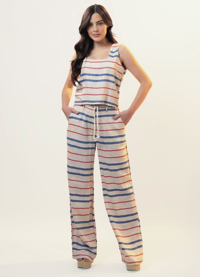 Conjunto de Linho Areia Listrado Calça Pantalona Top Alças Largas - Imagem 2