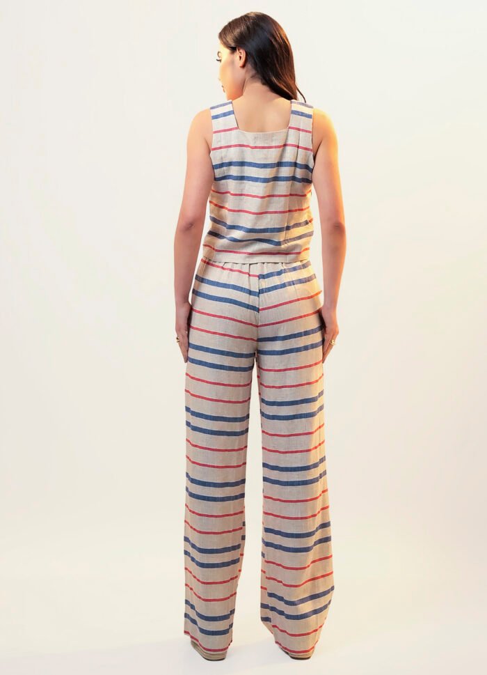 Conjunto de Linho Areia Listrado Calça Pantalona Top Alças Largas - Imagem 6