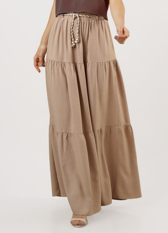 Saia Longa Bege Mocca Rodada em Camadas Viscose com Cordão - Image 5
