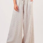 Calça de Linho Bege Listrada Pantalona com Bolsos