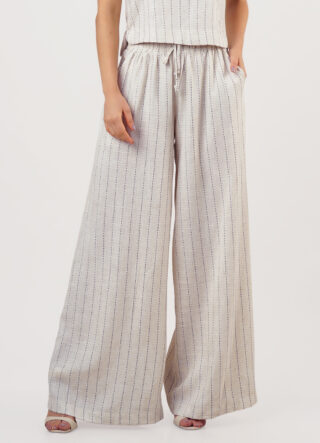 Calça de Linho Bege Listrada Pantalona com Bolsos