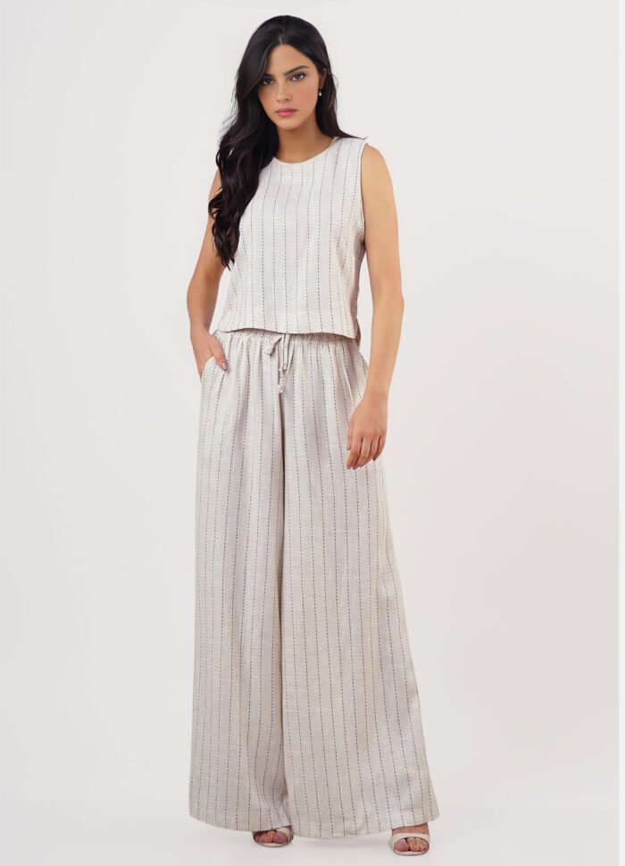 Calça de Linho Bege Listrada Pantalona com Bolsos - Imagem 6