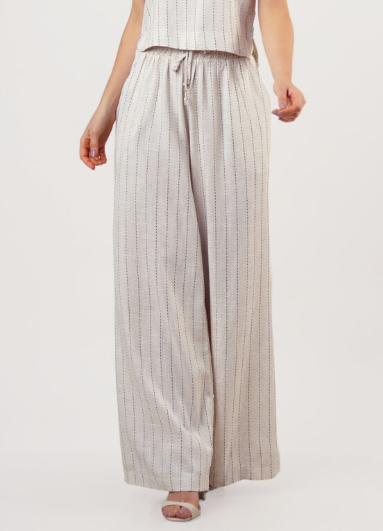 Calça de Linho Bege Listrada Pantalona com Bolsos - Image 5