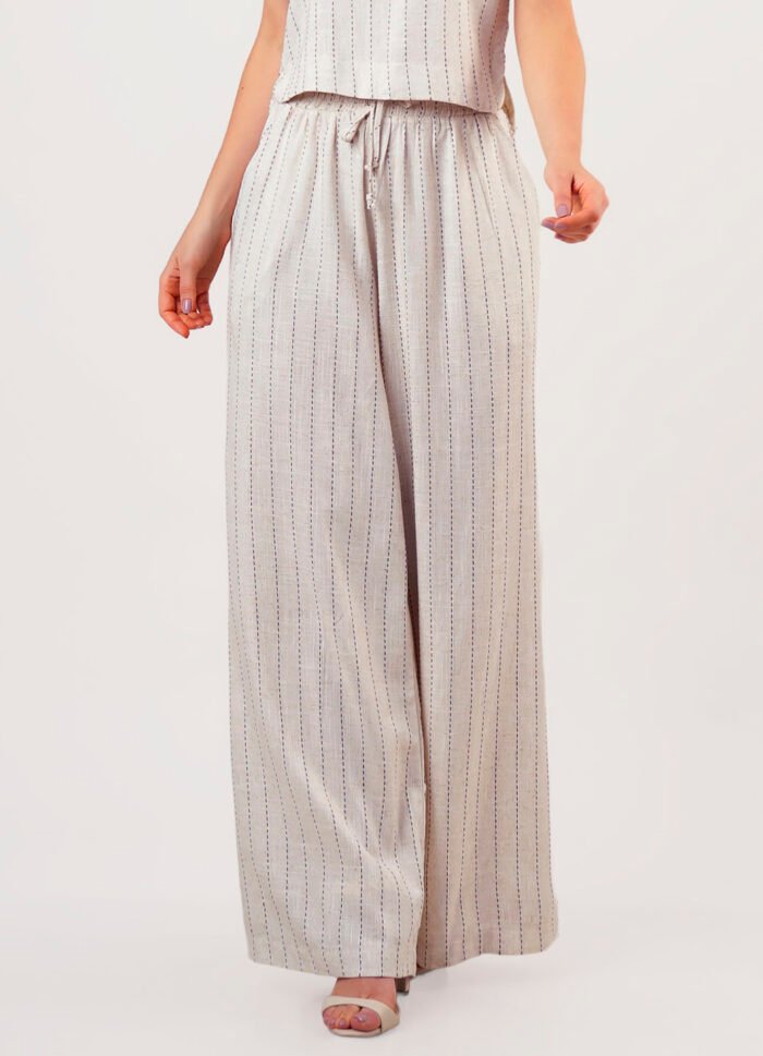 Calça de Linho Bege Listrada Pantalona com Bolsos - Imagem 5