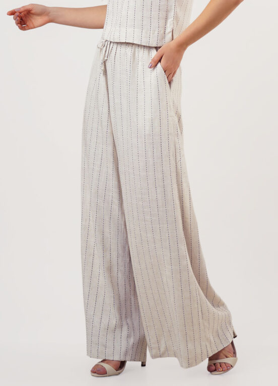 Calça de Linho Bege Listrada Pantalona com Bolsos - Image 4