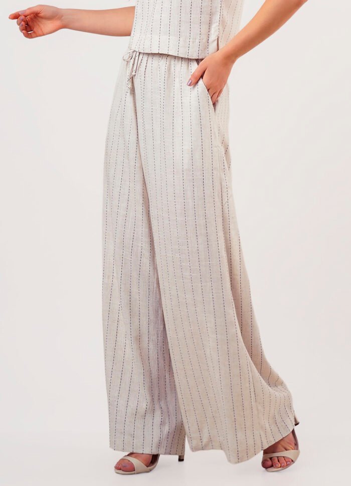 Calça de Linho Bege Listrada Pantalona com Bolsos - Imagem 4