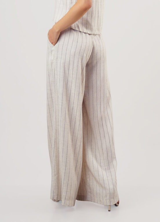 Calça de Linho Bege Listrada Pantalona com Bolsos - Image 3