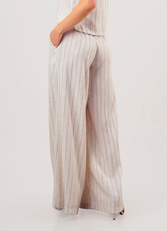 Calça de Linho Bege Listrada Pantalona com Bolsos - Imagem 3