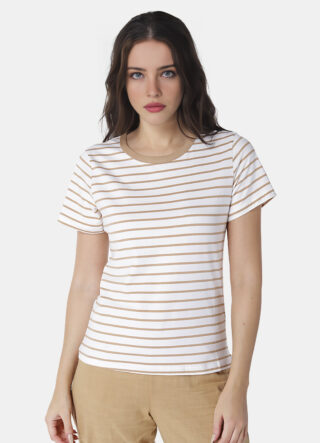 Blusa Feminina Listrada Bege Retrô em Malha de Algodão
