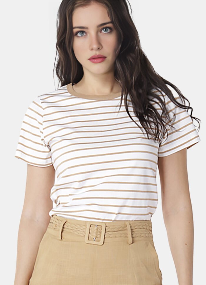 Blusa Feminina Listrada Bege Retrô em Malha de Algodão - Imagem 2