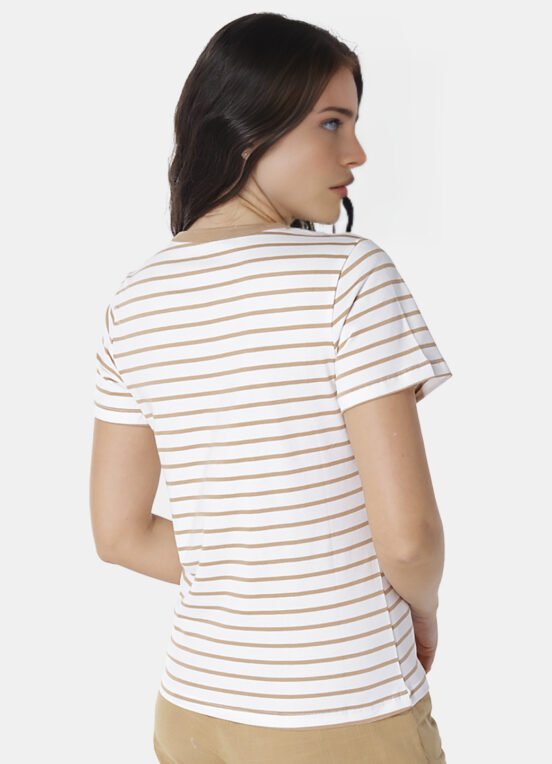 Blusa Feminina Listrada Bege Retrô em Malha de Algodão - Image 4