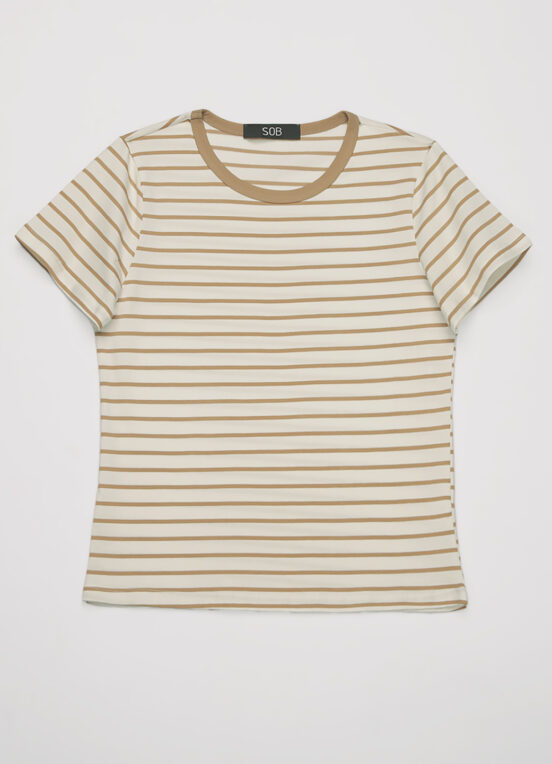 Blusa Feminina Listrada Bege Retrô em Malha de Algodão - Image 5