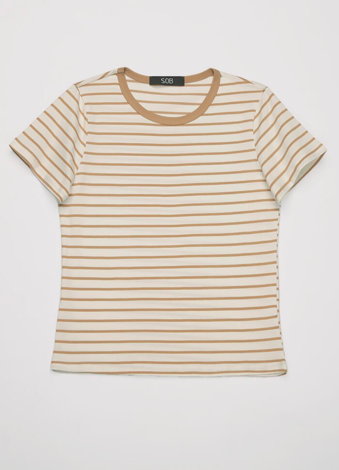 Blusa Feminina Listrada Bege Retrô em Malha de Algodão - Imagem 5