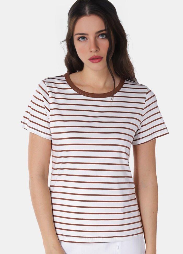 Blusa Feminina Listrada Marrom Retrô em Malha de Algodão - Imagem 2