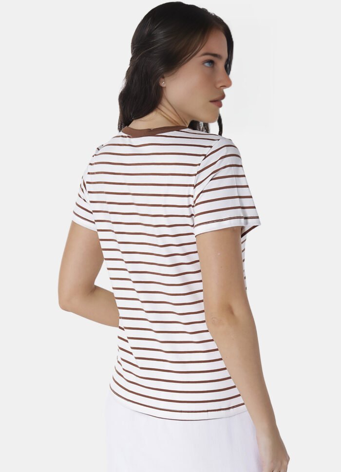 Blusa Feminina Listrada Marrom Retrô em Malha de Algodão - Imagem 4