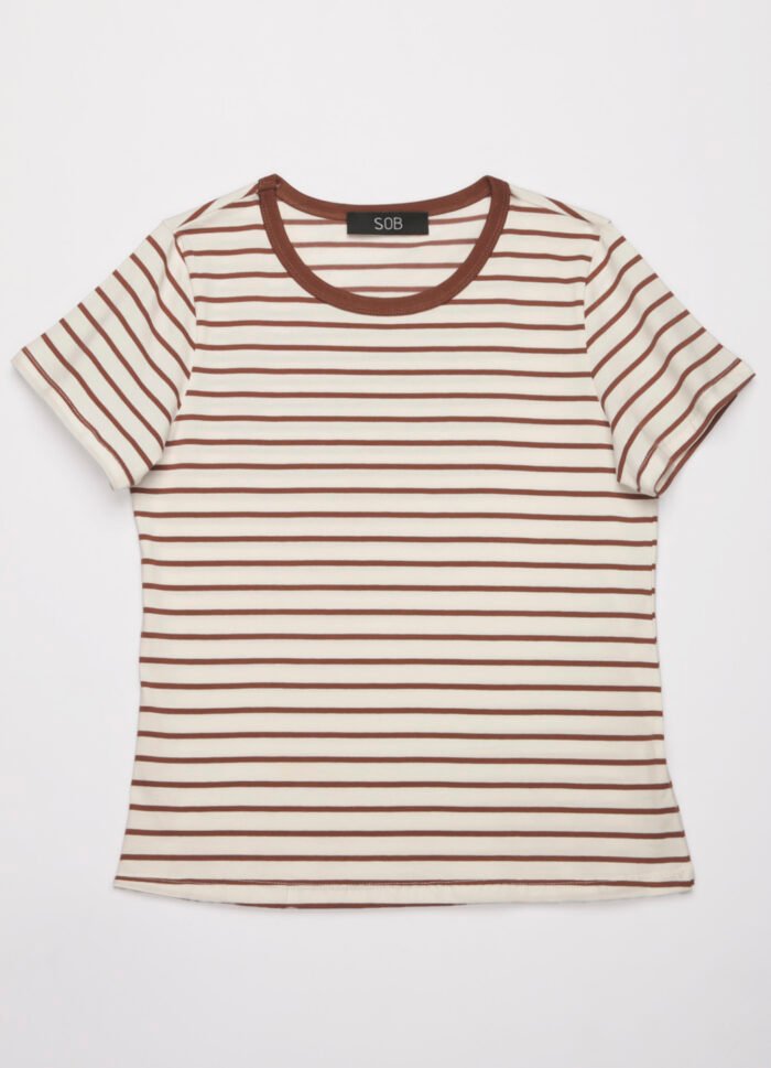 Blusa Feminina Listrada Marrom Retrô em Malha de Algodão - Imagem 5