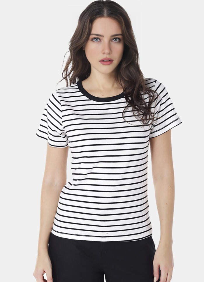 Blusa Feminina Listrada Preta Retrô em Malha de Algodão - Imagem 2
