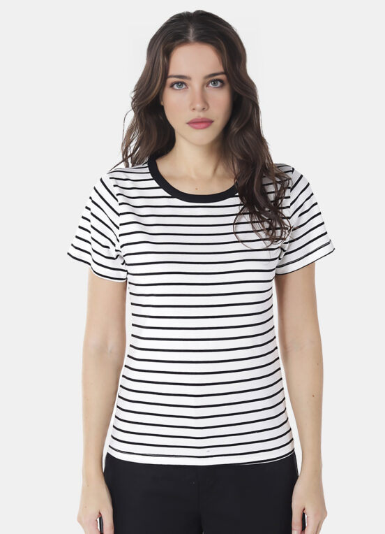 Blusa Feminina Listrada Preta Retrô em Malha de Algodão - Image 4