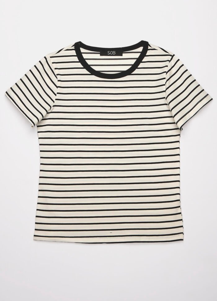 Blusa Feminina Listrada Preta Retrô em Malha de Algodão - Imagem 7