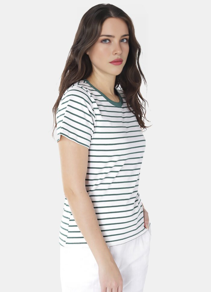 Blusa Feminina Listrada Verde Retrô em Malha de Algodão - Imagem 6
