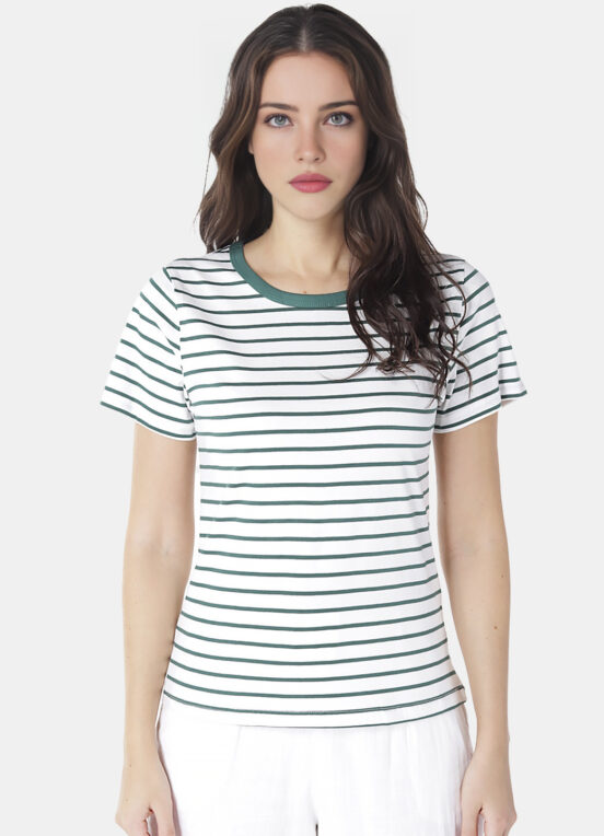 Blusa Feminina Listrada Verde Retrô em Malha de Algodão - Image 5