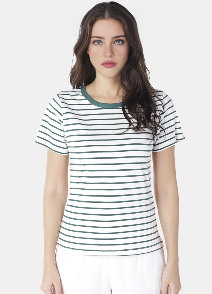 Blusa Feminina Listrada Verde Retrô em Malha de Algodão - Imagem 5