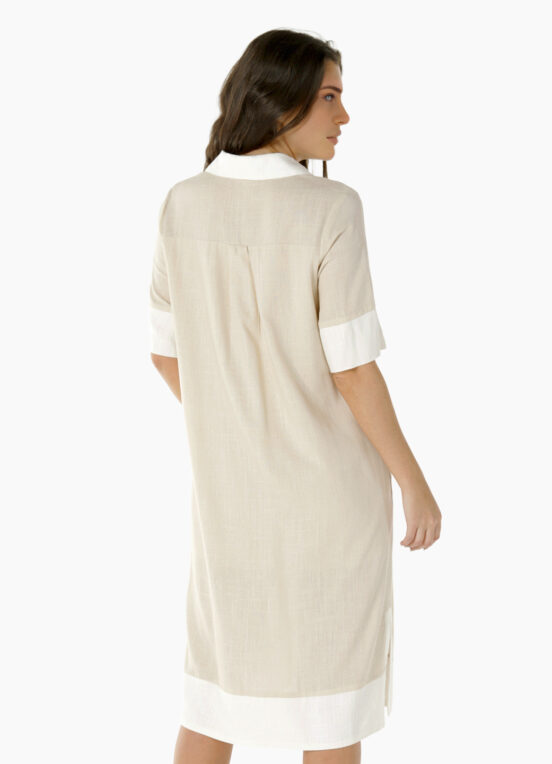 Vestido de Linho Midi Bege/Off Mangas Curtas Solto com Bolsos - Image 5