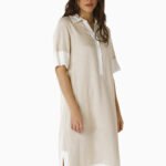 Vestido de Linho Midi Bege/Off Mangas Curtas Solto com Bolsos