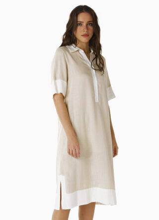 Vestido de Linho Midi Bege/Off Mangas Curtas Solto com Bolsos