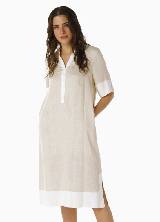 Vestido de Linho Midi Bege/Off Mangas Curtas Solto com Bolsos - Image 2