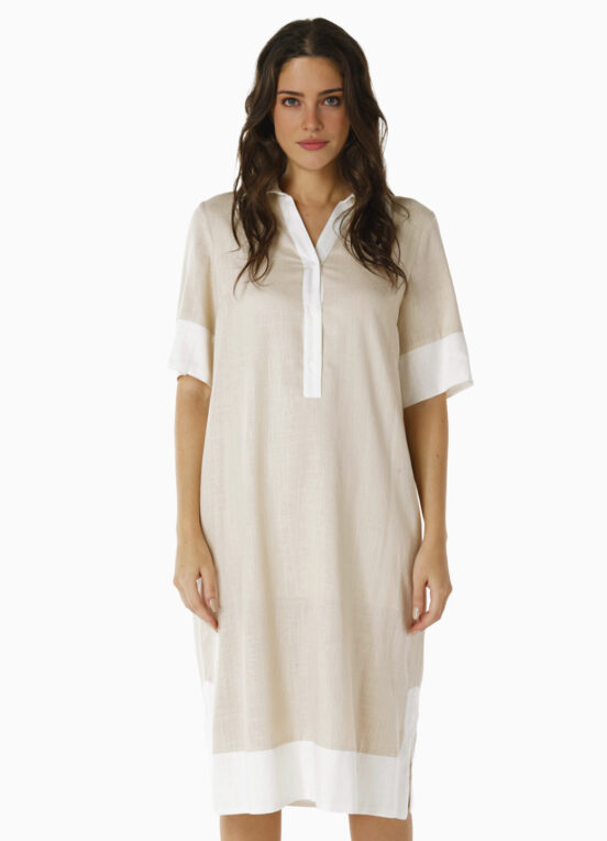 Vestido de Linho Midi Bege/Off Mangas Curtas Solto com Bolsos - Image 3