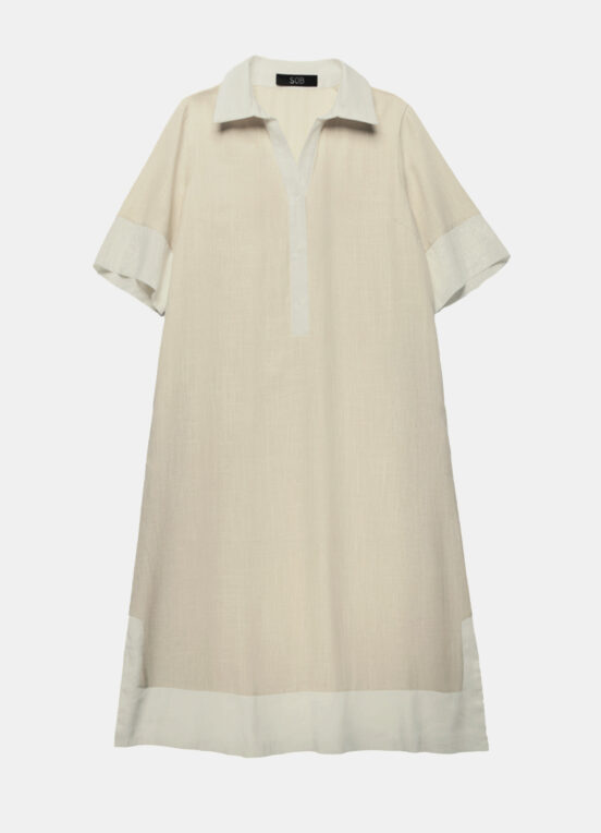 Vestido de Linho Midi Bege/Off Mangas Curtas Solto com Bolsos - Image 6