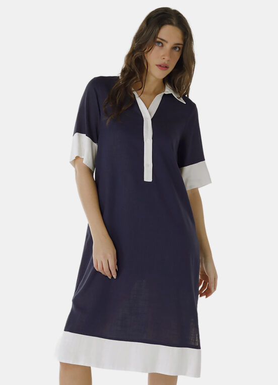Vestido de Linho Midi Marinho/Off Mangas Curtas Solto com Bolsos - Image 3