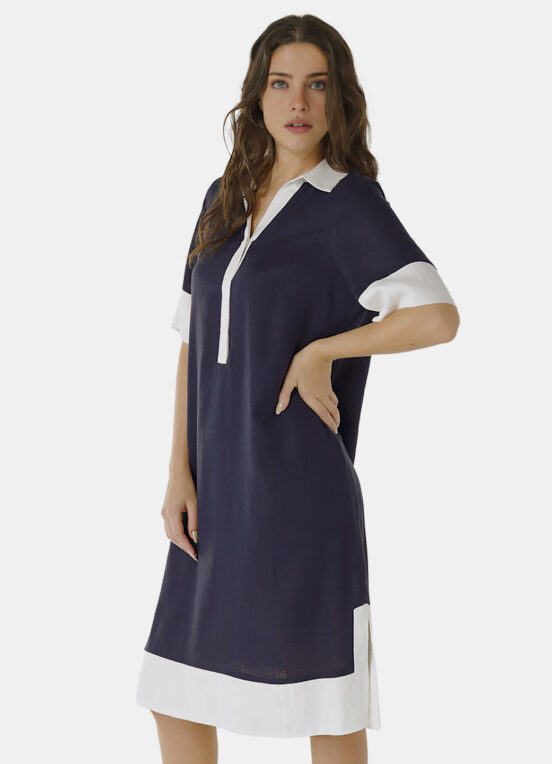 Vestido de Linho Midi Marinho/Off Mangas Curtas Solto com Bolsos - Image 5