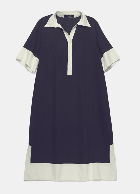 Vestido de Linho Midi Marinho/Off Mangas Curtas Solto com Bolsos - Image 6