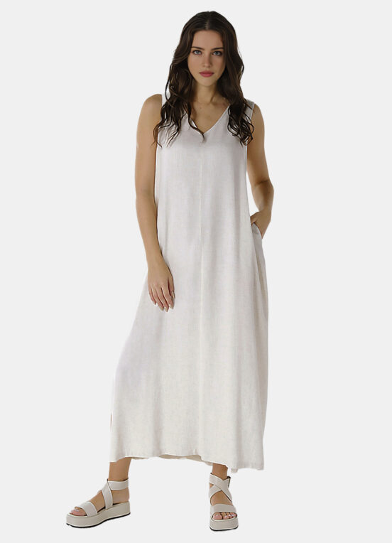 Vestido Longo de Linho Areia Gola V com Bolsos Sob - Image 2
