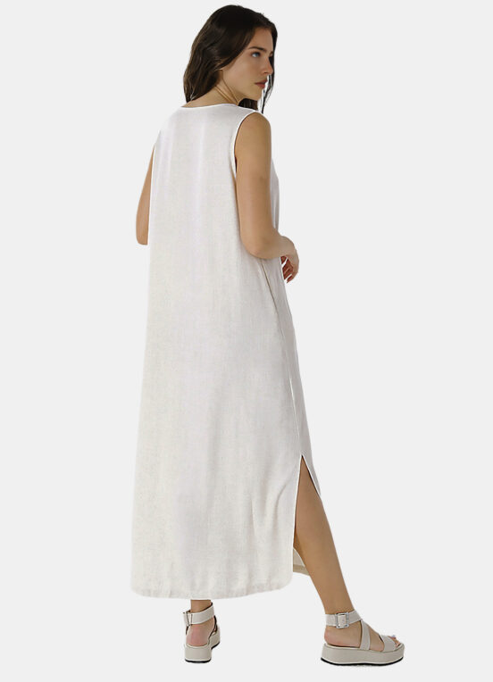Vestido Longo de Linho Areia Gola V com Bolsos Sob - Image 4
