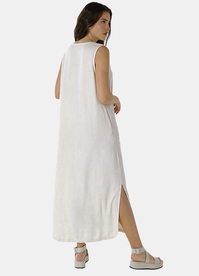 Vestido Longo de Linho Areia Gola V com Bolsos Sob - Imagem 4