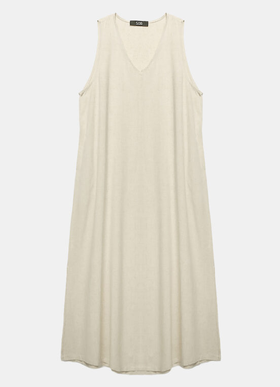 Vestido Longo de Linho Areia Gola V com Bolsos Sob - Image 5