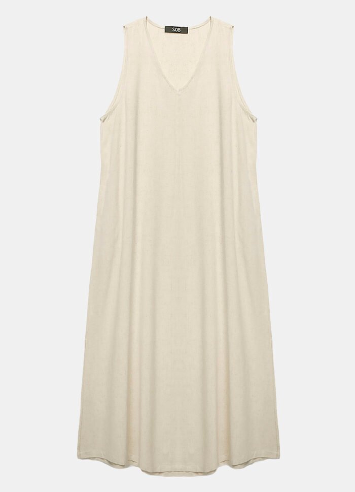 Vestido Longo de Linho Areia Gola V com Bolsos Sob - Imagem 5