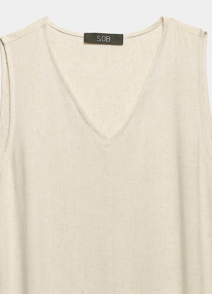 Vestido Longo de Linho Areia Gola V com Bolsos Sob - Imagem 6