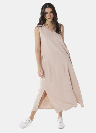 Vestido Longo de Linho Bege Gola V com Bolsos Sob