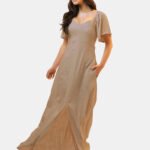 Vestido Longo de Linho Bege Mocca com Mangas e Bolso