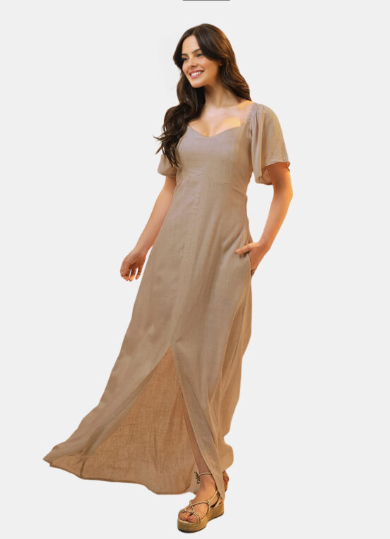 Vestido Longo de Linho Bege Mocca com Mangas e Bolso