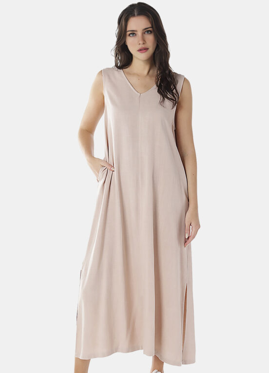 Vestido Longo de Linho Bege Gola V com Bolsos Sob - Image 2