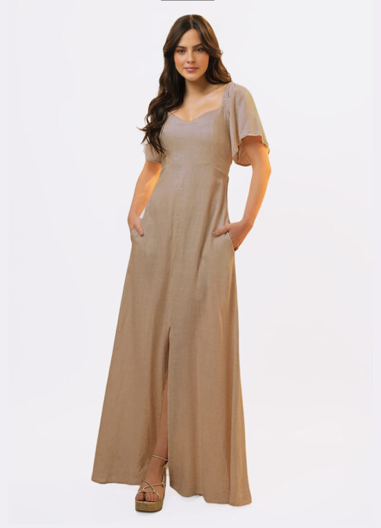 Vestido Longo de Linho Bege Mocca com Mangas e Bolso - Image 2