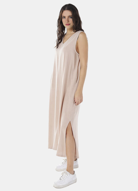 Vestido Longo de Linho Bege Gola V com Bolsos Sob - Image 6