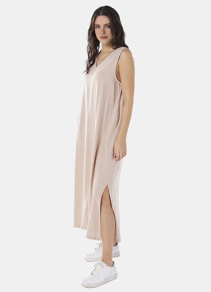 Vestido Longo de Linho Bege Gola V com Bolsos Sob - Imagem 6