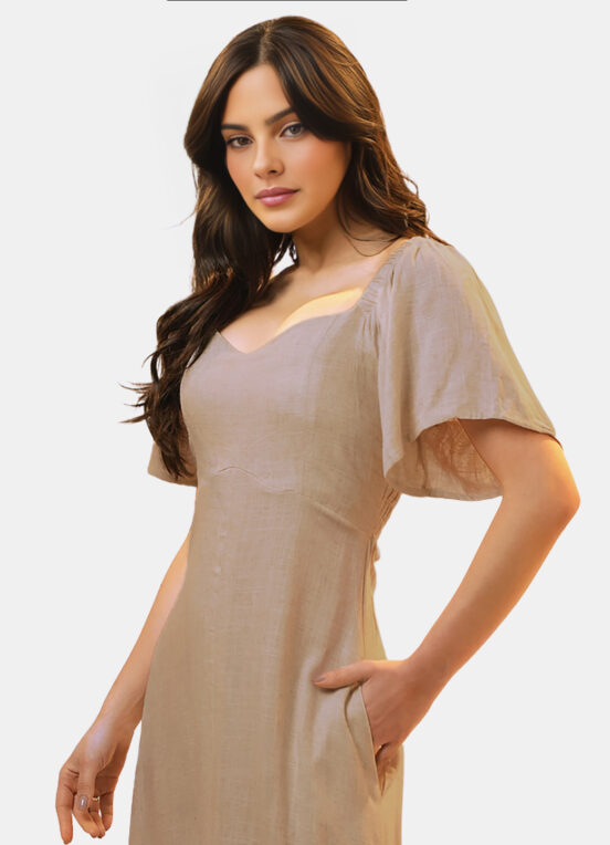 Vestido Longo de Linho Bege Mocca com Mangas e Bolso - Image 6